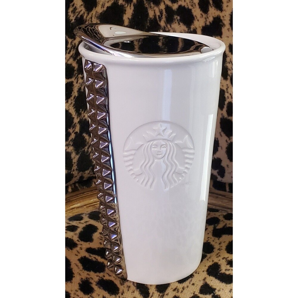 Starbucks 2014 White Ceramic Silver Studded 10oz Travel Tumbler Mug & Silver Lid